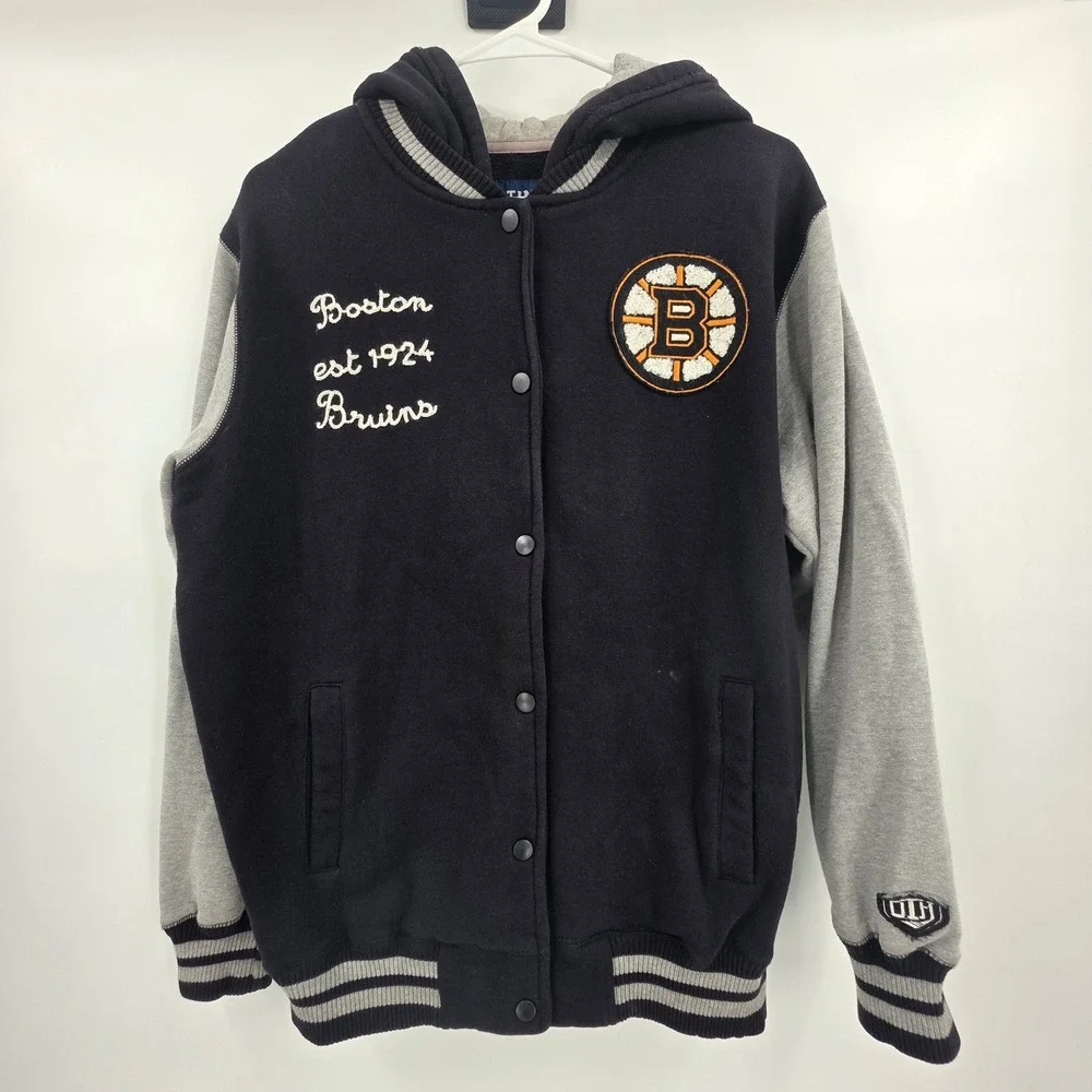 OLD TIME HOCKEY BOSTON BRUINS VARSITY JACKET YOUTH KIDS XL BLACK SNAP BUTTON NHL